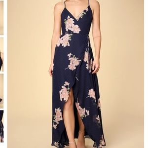 Navy Flower and Red Polka Dot Wrap Maxi Dress NWT